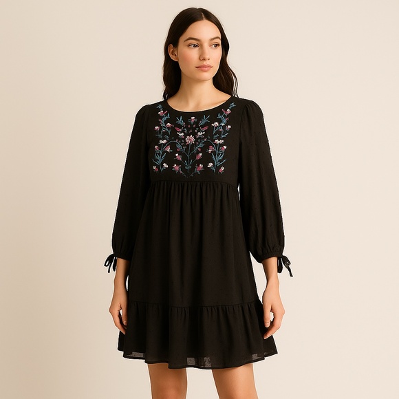 XHILARATION Black Swiss Dot Floral Embroidered Babydoll Dress M - Picture 2 of 16